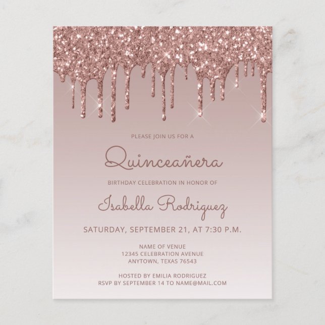 Budgetinbjudan till Quinceañera Ro Guld Glitter (Framsida)