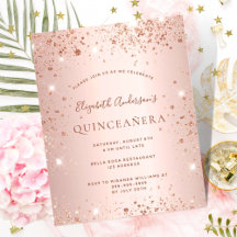 Budgetinbjudan till Quinceanera ro guld glitter