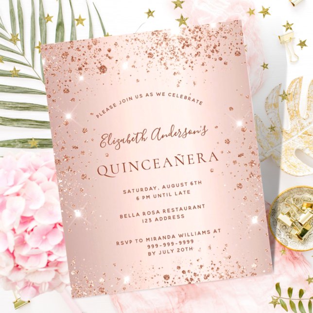 Budgetinbjudan till Quinceanera ro guld glitter (Skapare uppladdad)