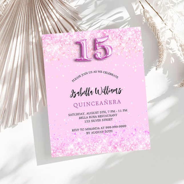 Budgetinbjudan till Quinceanera rosa-konfekti (Skapare uppladdad)