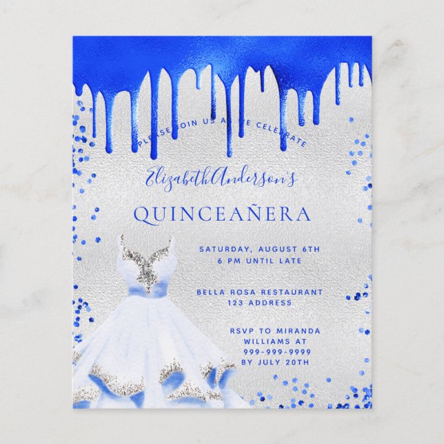 Budgetinbjudan till Quinceanera royal Blue silver Flygblad (Framsidan)