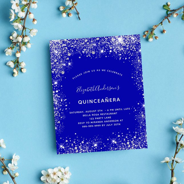 Budgetinbjudan till Quinceanera royal Blue silver Flygblad (Skapare uppladdad)