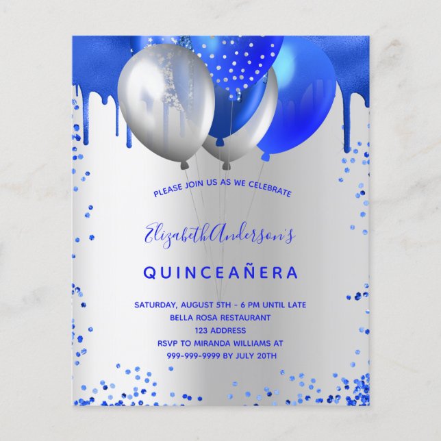 Budgetinbjudan till Quinceanera royal Blue silver Flygblad (Framsidan)