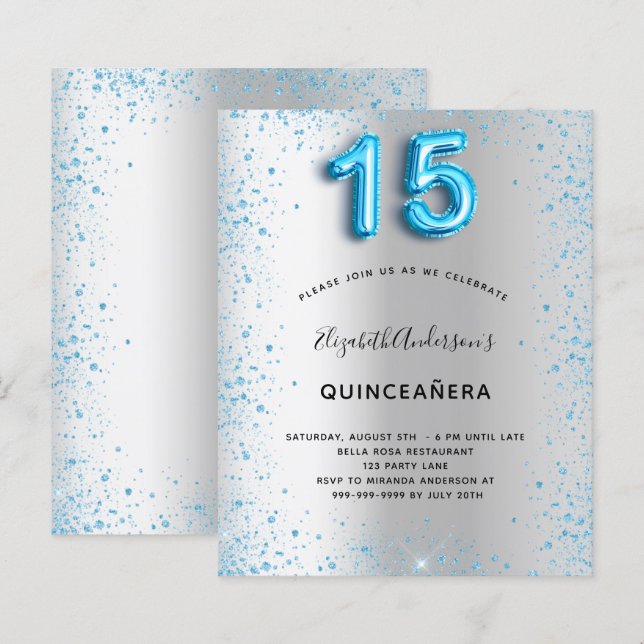Budgetinbjudan till Quinceanera silver blå glitter (Fram/baksida)