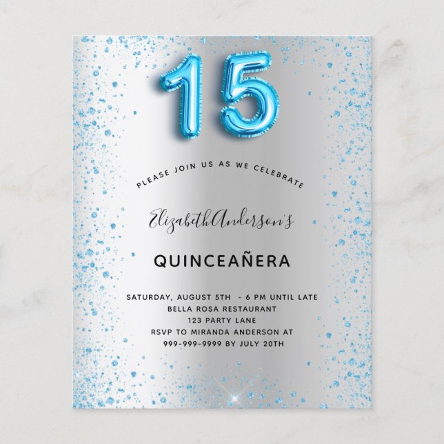 Budgetinbjudan till Quinceanera silver blå glitter Flygblad (Framsidan)