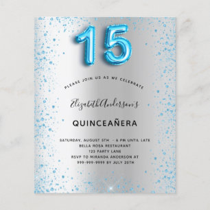 Budgetinbjudan till Quinceanera silver blå glitter Flygblad
