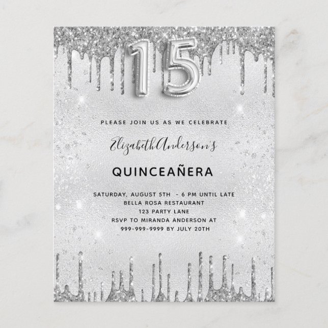 Budgetinbjudan till Quinceanera silver glitter (Framsida)