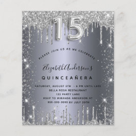 Budgetinbjudan till Quinceanera silver metall glit Flygblad