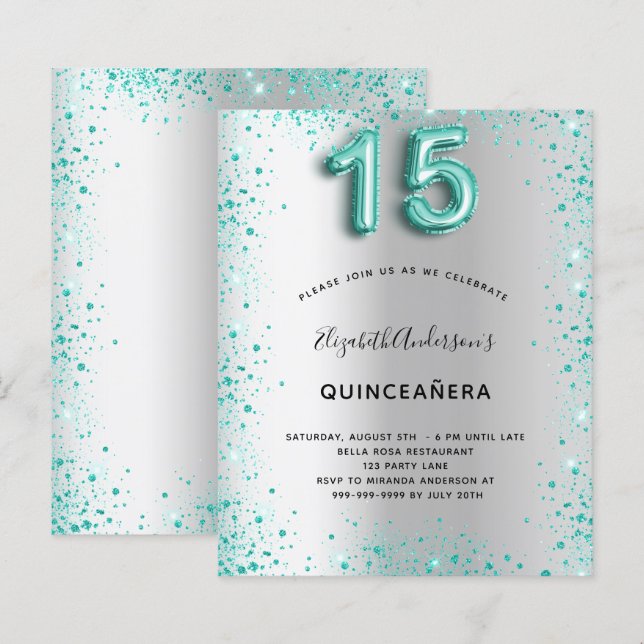 Budgetinbjudan till Quinceanera silver teal glitte (Fram/baksida)