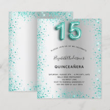 Budgetinbjudan till Quinceanera silver teal glitte