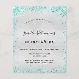 Budgetinbjudan till Quinceanera silver teal glitte Flygblad