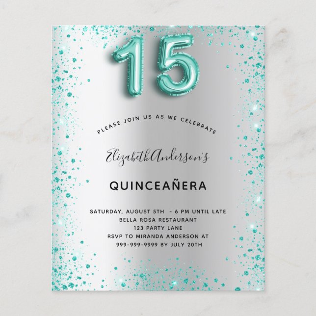 Budgetinbjudan till Quinceanera silver teal glitte Flygblad (Framsidan)