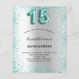 Budgetinbjudan till Quinceanera silver teal glitte Flygblad