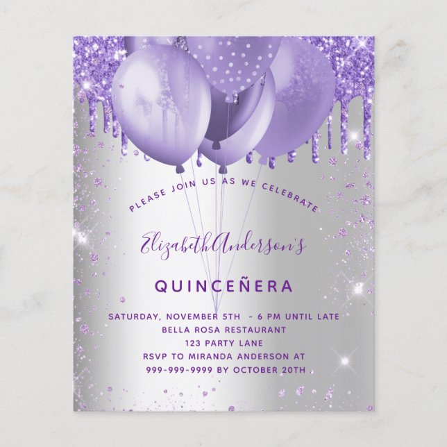Budgetinbjudan till Quinceanera silver violett (Framsida)