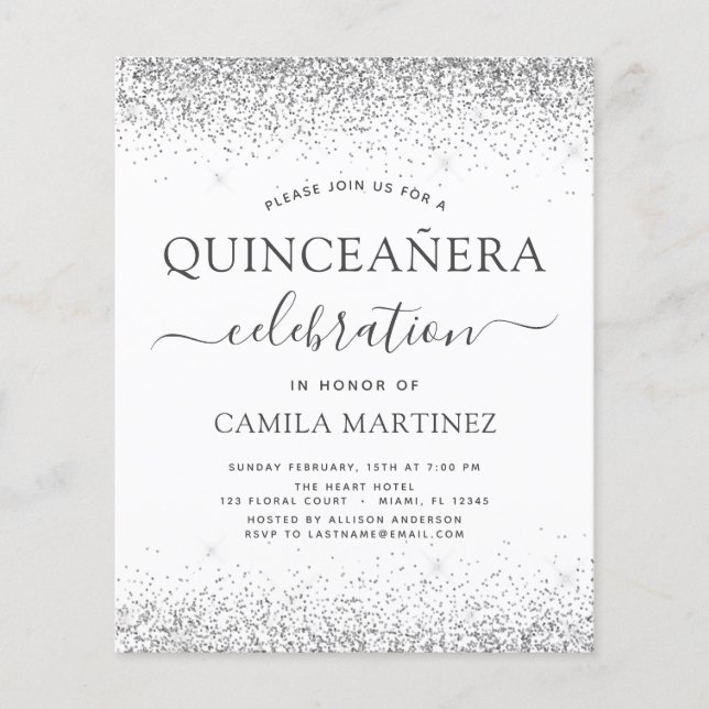 Budgetinbjudan till Quinceanera White Silver Glitt (Framsida)