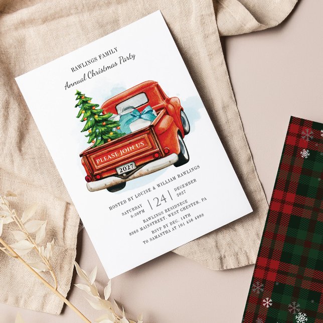 Budgetinbjudan till Red Lastbil-julpartiet Flygblad (Red Truck Family Christmas Party Invitation)