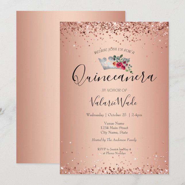 Budgetinbjudan till  Rosa Glitter Quinceanera (Fram/baksida)