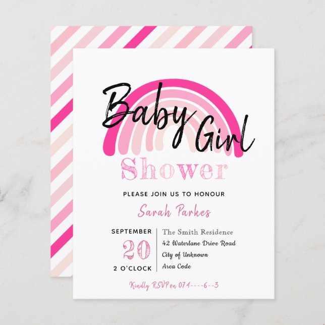 Budgetinbjudan till rosa Rainbow Girl Baby Shower (Fram/baksida)