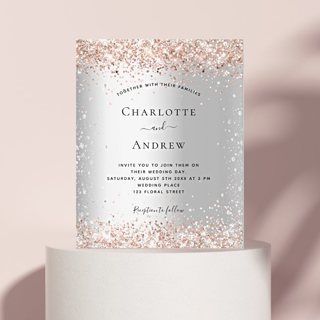 Budgetinbjudan till Silver glitter ro guld bröllop Flygblad (Skapare uppladdad)