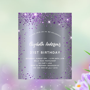 Budgetinbjudan till silver lila glitter vid födels flygblad
