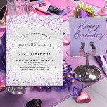 Budgetinbjudan till silver lila glitter vid födels flygblad<br><div class="desc">Observera att inbjudan är papper och mycket tunn. Kuvert ingår inte. Om du vill ha mer omfattande inbjudningar (samma design) kan du besöka vår butik. För elegant 21:a födelsedag (eller någon annan ålder). En faux silver metallisk tittar bakgrund. Dekorerad med damm från lila faux glitter. Anpassa och lägg till information...</div>