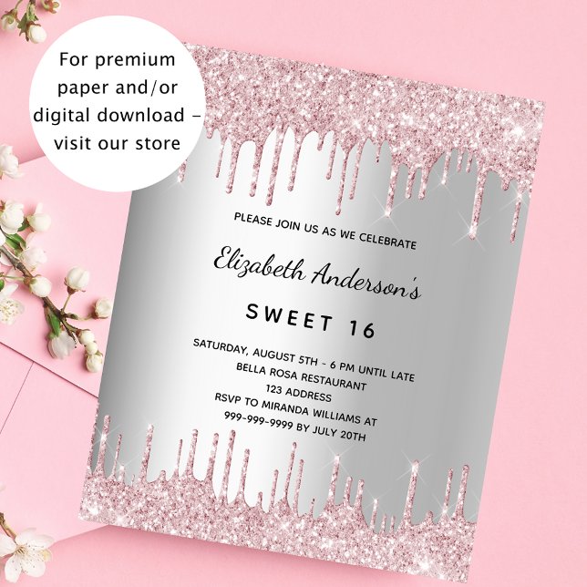 Budgetinbjudan till silver rosa glitter vid födels (Skapare uppladdad)
