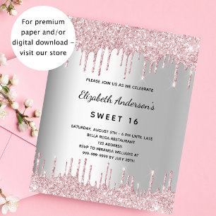 Budgetinbjudan till silver rosa glitter vid födels flygblad