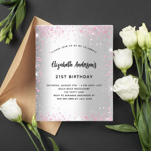 Budgetinbjudan till silver rosa glitter vid födels flygblad