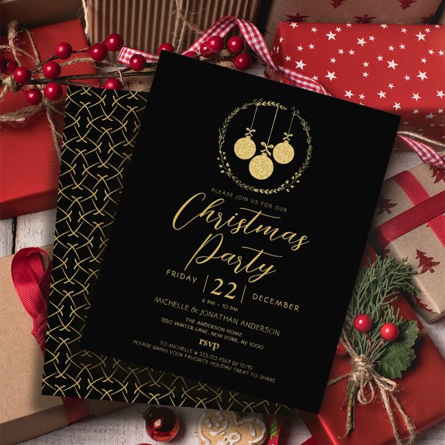 Budgetinbjudan till Svart Guld Glitter-jul Flygblad (Budget Black Gold Glitter Christmas Party Flyer)