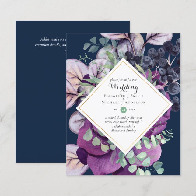 BUDGETinbjudningar till Lila Blue Blommigt Wedding (Fram/baksida)