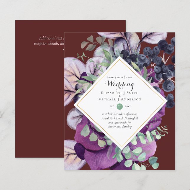 BUDGETinbjudningar till Lila Blue Blommigt Wedding (Fram/baksida)