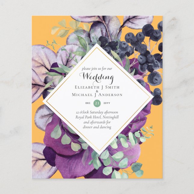 BUDGETinbjudningar till Lila Blue Blommigt Wedding Flygblad (Framsidan)