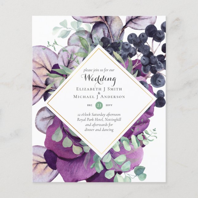 BUDGETinbjudningar till Lila Blue Blommigt Wedding Flygblad (Framsidan)