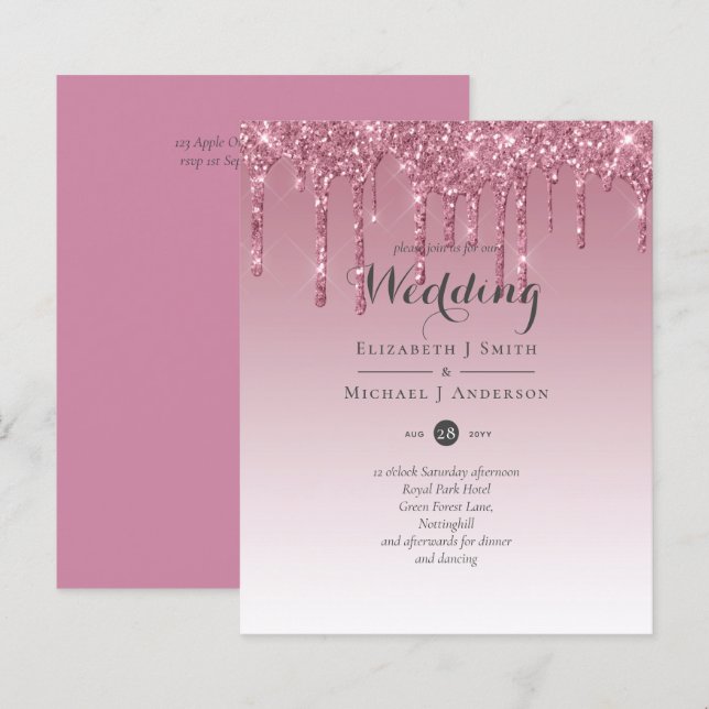 BUDGETinbjudningar till Rosa Glitter-bröllop (Fram/baksida)