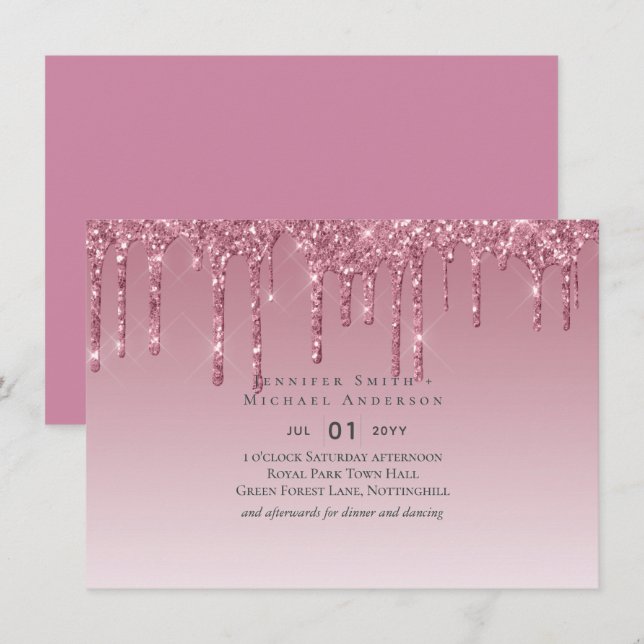 BUDGETinbjudningar till Rosa Glitter-bröllop (Fram/baksida)