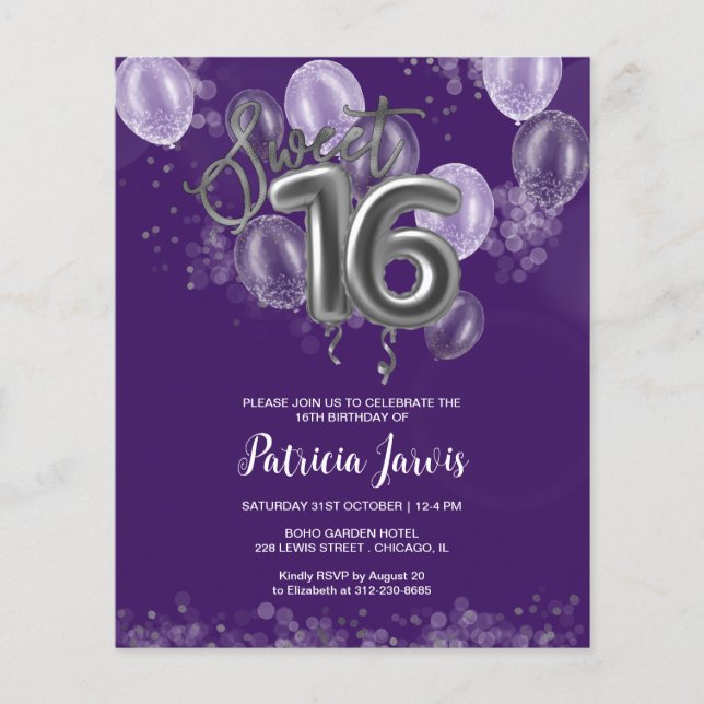 Budgetinbjudningar till Silver Sweet 16 Bday Ballo (Framsida)