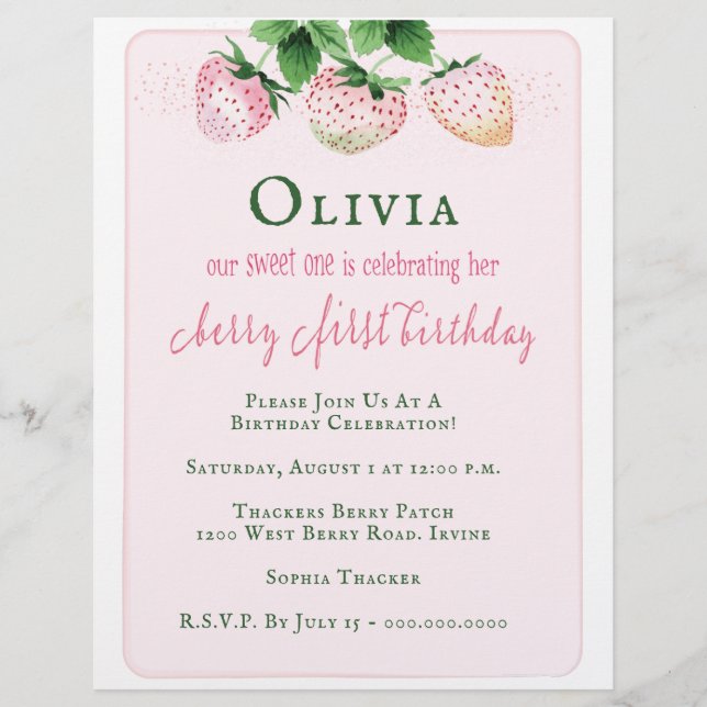 Budgetjordgubbsinbjudan 1:a födelsedag reklamblad (Framsidan)