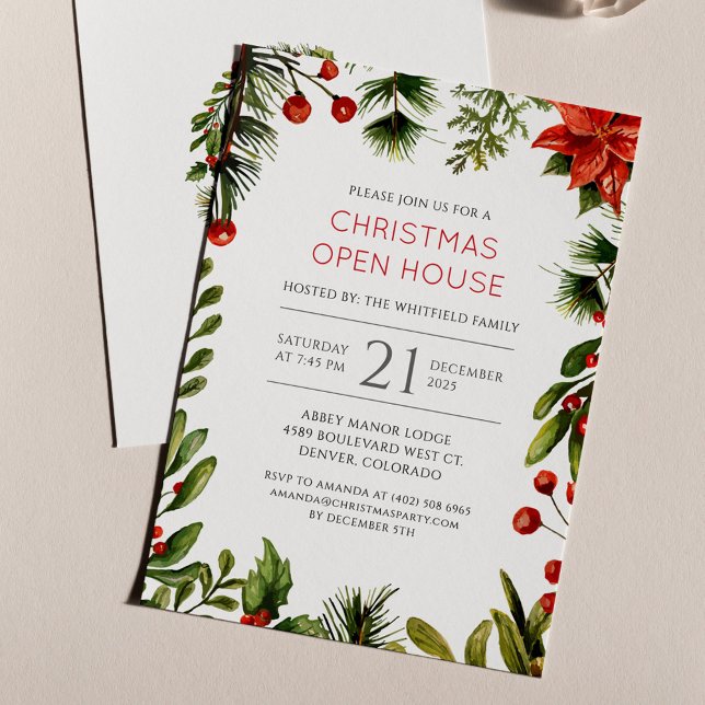 Budgetjul - Helgdag Öppna House Party Flyer (Poinsettia Red Berries Family Christmas Party Invitation)