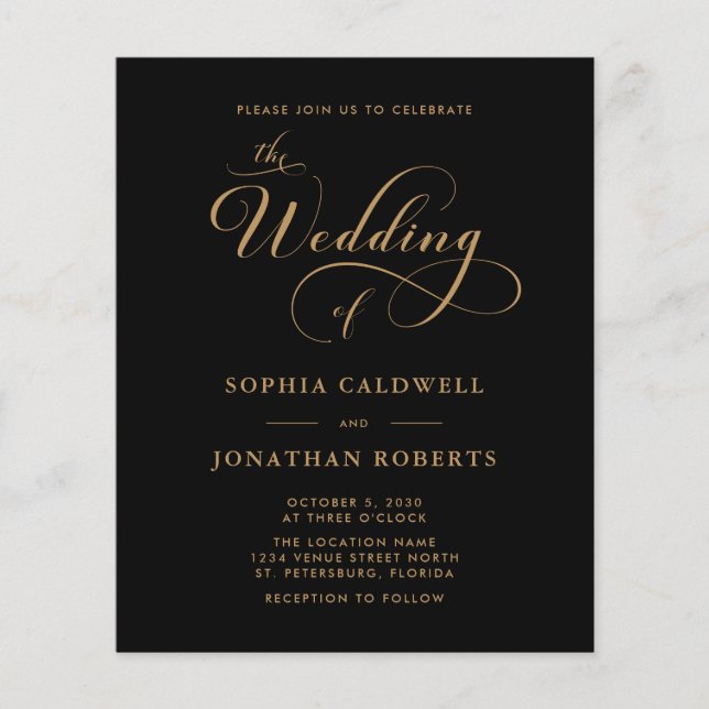 Budgetkalligrafi QR-kod Svarta Guld Bröllop (Framsida)