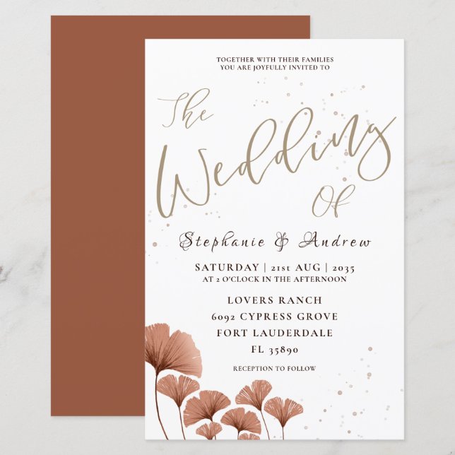 Budgetkalligrafi Terracotta Foliage Bröllop (Fram/baksida)