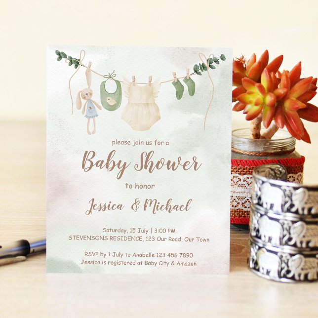 Budgetkläder på en boho babydusch inbjudan (Skapare uppladdad)