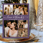 Budgetkollage Lila Bröllop - tackkort för<br><div class="desc">Budget Elegant Script 5 Photo Collage Mauve Lila Bröllop Tack personlig till ett rimligt pris med ett tunt budgetkort. Modern bröllop tackar dig för en mall med fem (5) foto på framsidan och ett (1) foto på baksidan. På framsidan av det pappra typografiskriptet "Kärlek and tack" med en snabb teckenstil...</div>