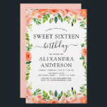 Budgetkoral - Blommigten Sweet sixteen födelsedag<br><div class="desc">Budgetkorall,  persiko- och vit Blommigt och Eucalyptus Grey Botanical Vår eller Summer Pastel Sweet sixteen (16:e) Födelsedagsfest Firande - innehåller vackra manustypografi och elegant med moderna botaniska blommor och grönenergi för speciella födelsedag.</div>