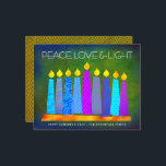 Budgetkort för Grönten Hanukkah Boho Candles Peace<br><div class="desc">"Fred, kärlek och ljus." En lekfull, modern, konstgjord illustration av boho mönster-ljus på en menorah hjälper dig att vaktera helgdag av Hanukkkah. Blåljus med färglöst faux foil mönster täcker över rikens djupa grönt texturerad bakgrund. Faux koppardiamant mönster på baksidan av grönten. Känn julhelgens värme och glädje när du skickar det...</div>