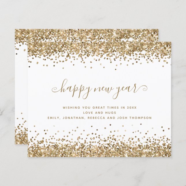 Budgetkort för Guld Glitter Gräns Gott nytt år (Fram/baksida)