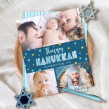 Budgetkort för Lycklig Hanukkah 3 - fotblå Guld-st