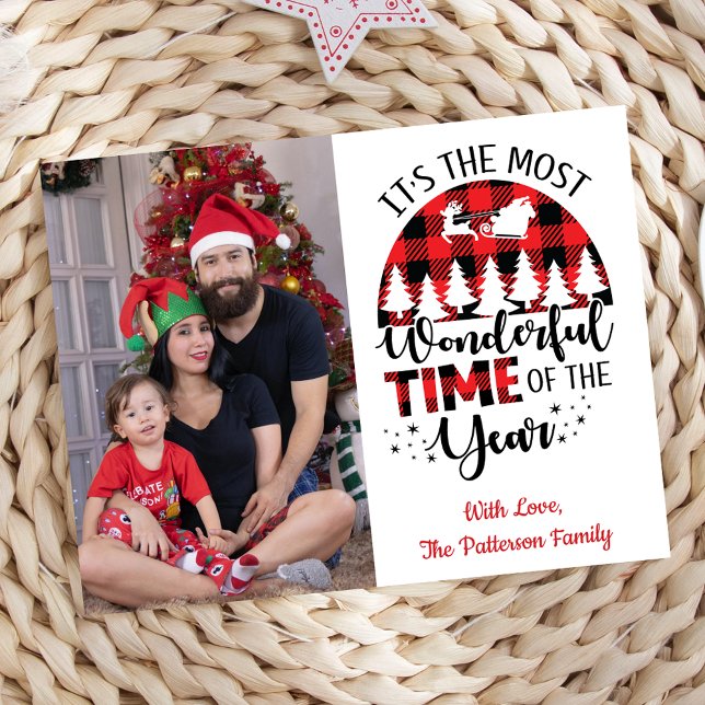 Budgetkort för Namn julfotkort för Personlig (It's The Most Wonderful Time Of The Year, Red & Black, Personalized Christmas Photo Card)