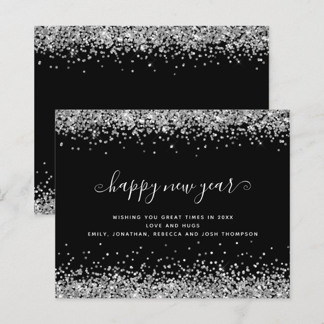 Budgetkort för Svarta Gott nytt år Silver Glitter (Fram/baksida)