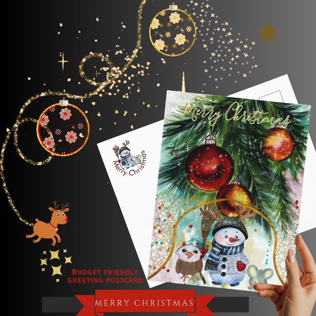 Budgetkort för Whimsique Snögubbe & Forest Friends Helg Vykort (Whimsical Snowman & Forest Friends Budget Postcard)