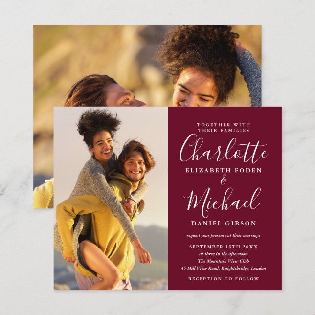 Budgetmanus Foton Burgunderröd Bröllopsinbjudan (Fram/baksida)